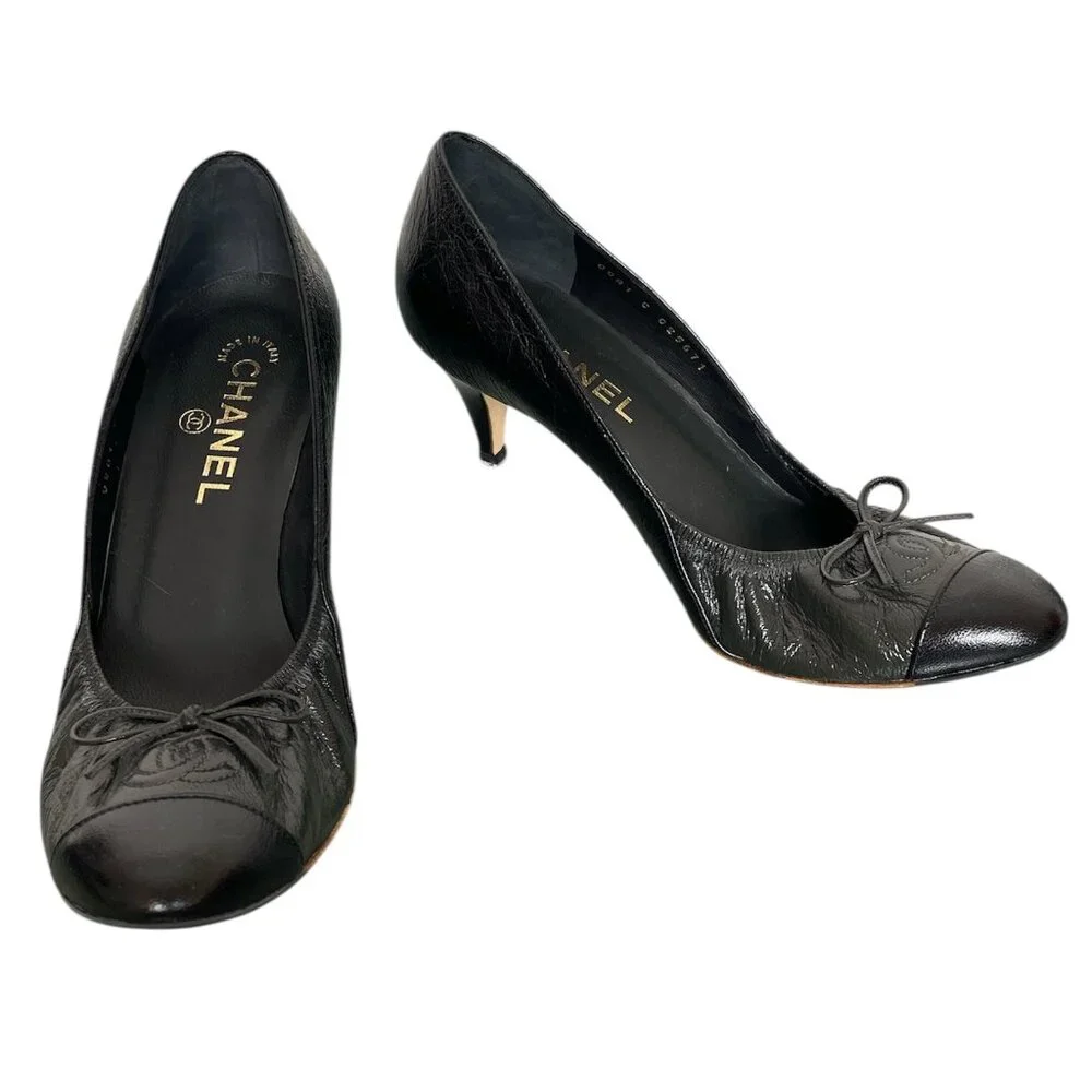 CHANEL Classic CC Logo Cap Toe Bow Elastic Pumps Heels \\ 37.5